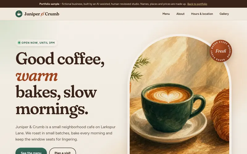 Screenshot of the Juniper and Crumb cafe sample landing page