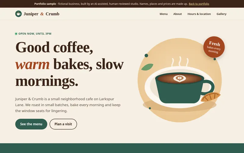 Screenshot of the Juniper and Crumb cafe sample landing page