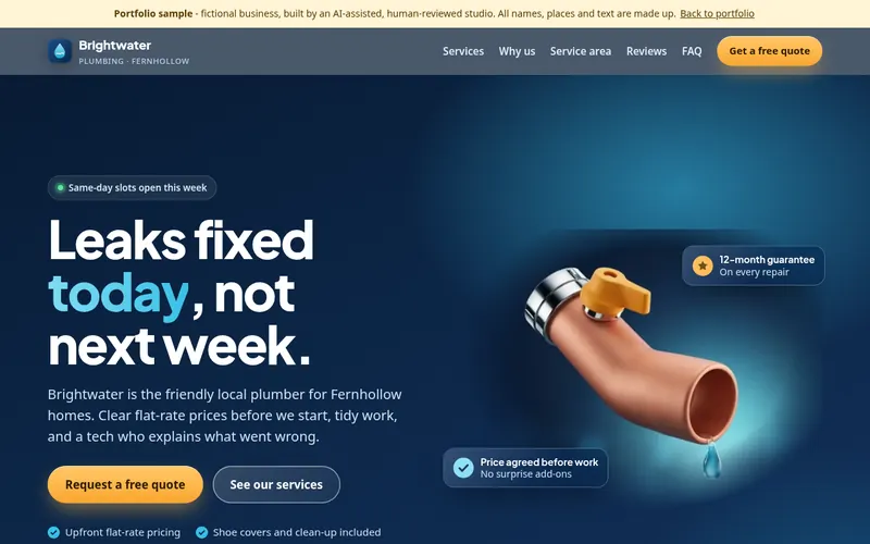 Screenshot of the Brightwater Plumbing sample landing page