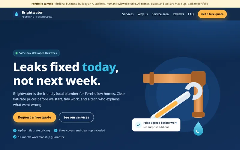 Screenshot of the Brightwater Plumbing sample landing page